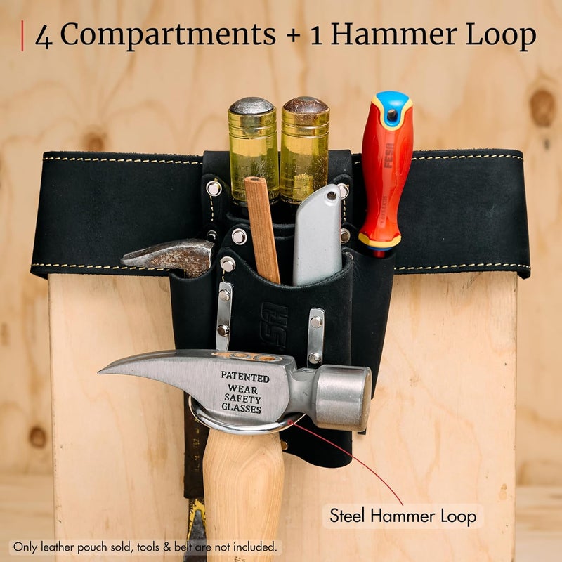 fesa Small Leather Tool Pouch - 5-in-1 Heavy Top Grain Leather Small Tool Pouch with a Steel Hammer Loop, 4 Pockets & Reinforced Heavy Duty Rivets - Fits Belts up to 3" - Handcrafted - Image 3